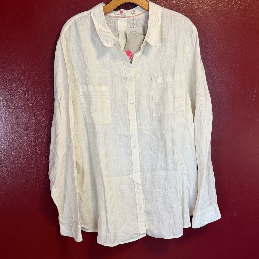 Boden Button Down Linen Shirt Size 16R Ivory Metallic Pinstripe Elevated Basic